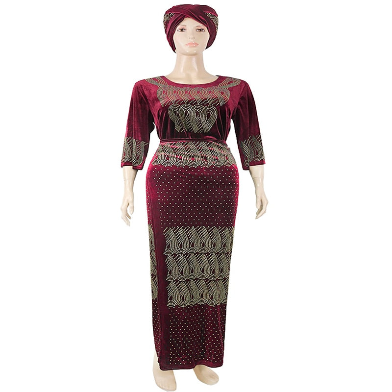 African Women's Velvet Plus 3-Piece Set: Colorblock Long Sleeve Top, Maxi Skirt & Head Turban