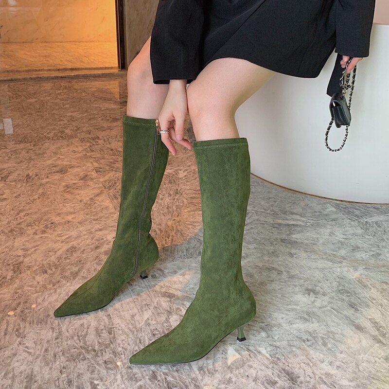 Knee High Stretch Zipper Pointed Toe Boots