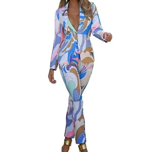 Multi-Colored Floral/ Leaf Print Single Breasted Women's Blazer & Matching Pants 2-Piece Suit