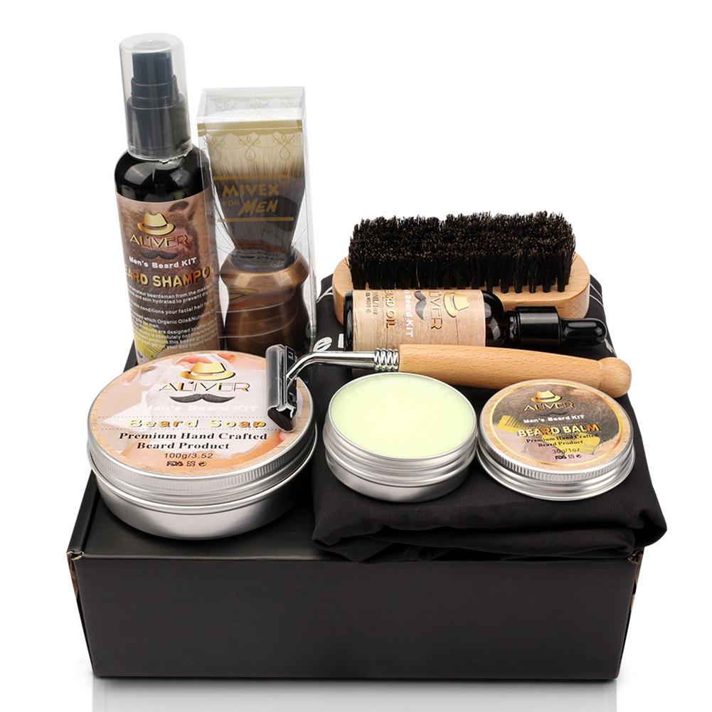 Men Beard Kit Styling Tool Beard Essence Oil Comb Brush With Apron Cloth Moustache Balm Moisturizing Wax Styling Beard Care Set