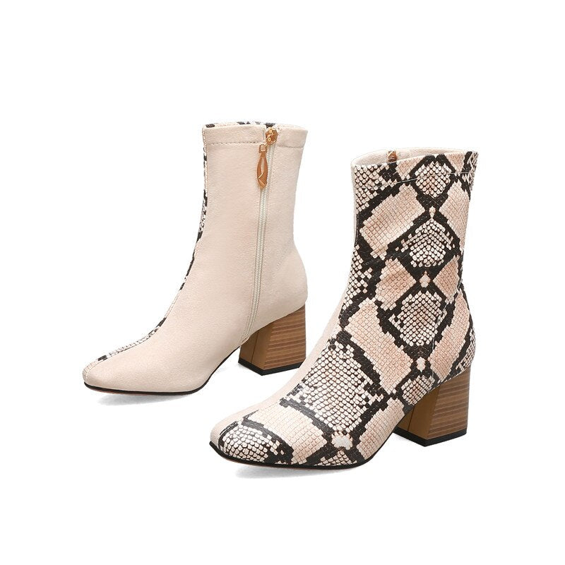 Snake Print Colorblock Patchwork Women's Zipper Ankle Boots