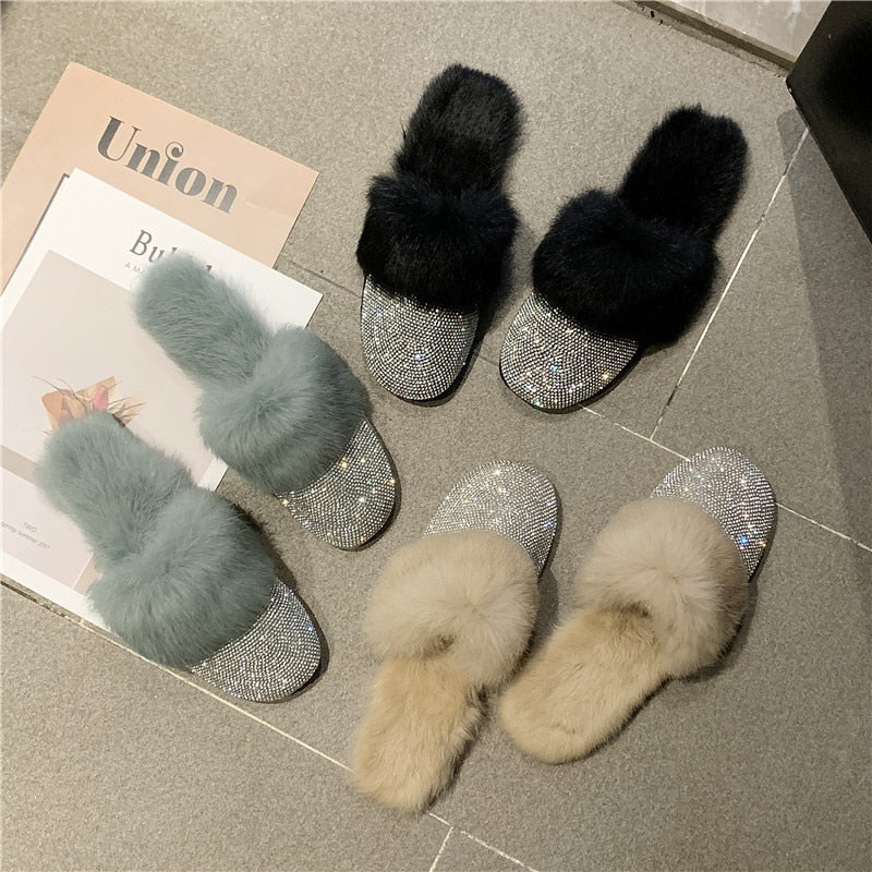 Luxury Rhinestone Fur Crystal Slides Mule Slippers