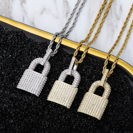 Hip-Hop Bling Lock Pendant Iced Out Bling Cubic Zircon Rope/Franco/Cuban Chains