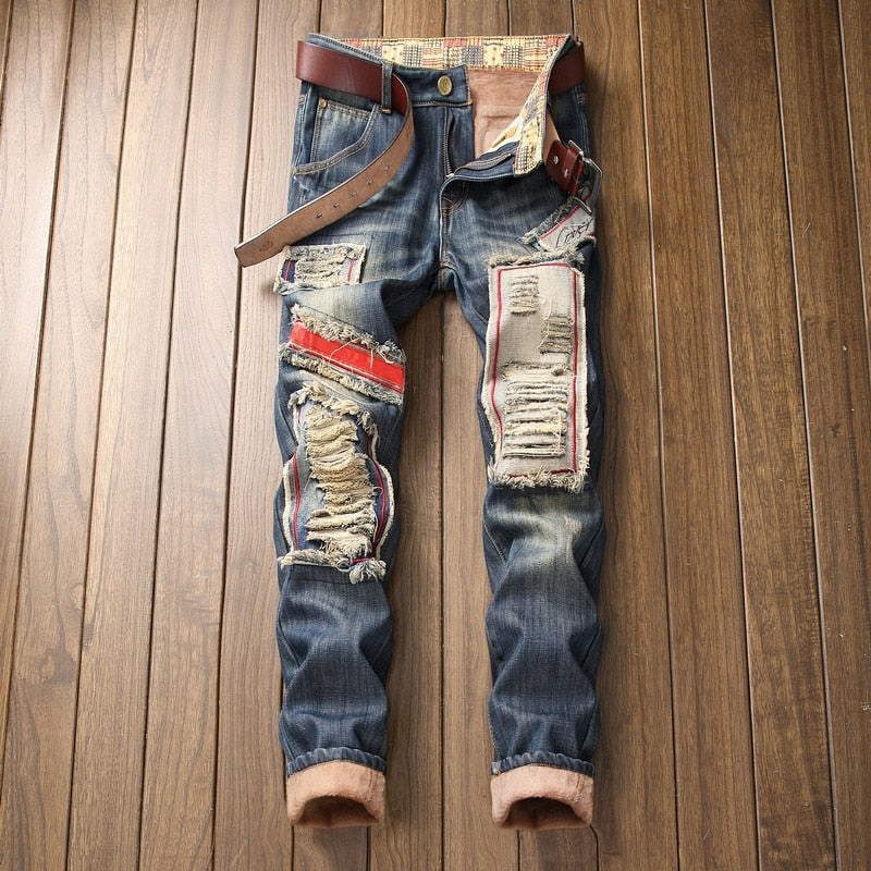 Men's Ripped Fleece Lined Hole Patch Straight Denim Jeans