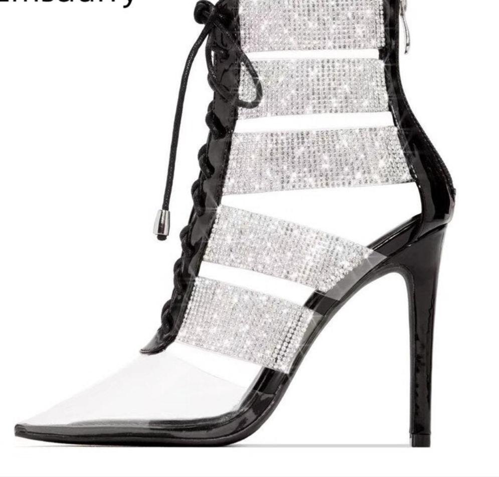 Jeweled Rhinestone Gladiator High Heels Pointed Toe Cross-Tied Cut Out Ankle Boots