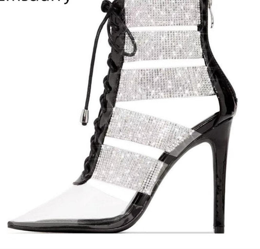 Jeweled Rhinestone Gladiator High Heels Pointed Toe Cross-Tied Cut Out Ankle Boots