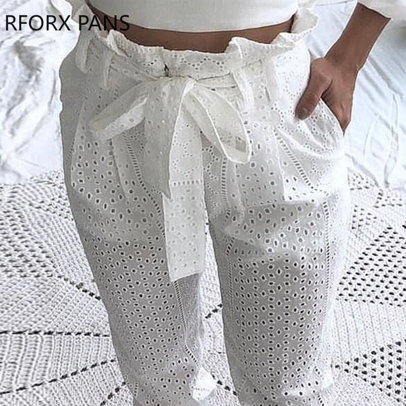 White Paperbag Waist Broderie Lace Pants