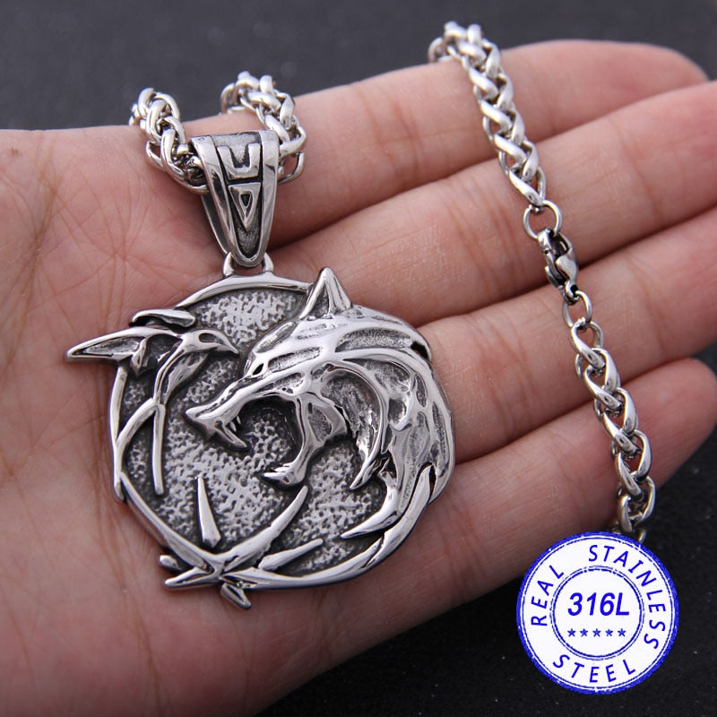 Stainless Steel Wizard Wolf Head Pendant Necklace Chain