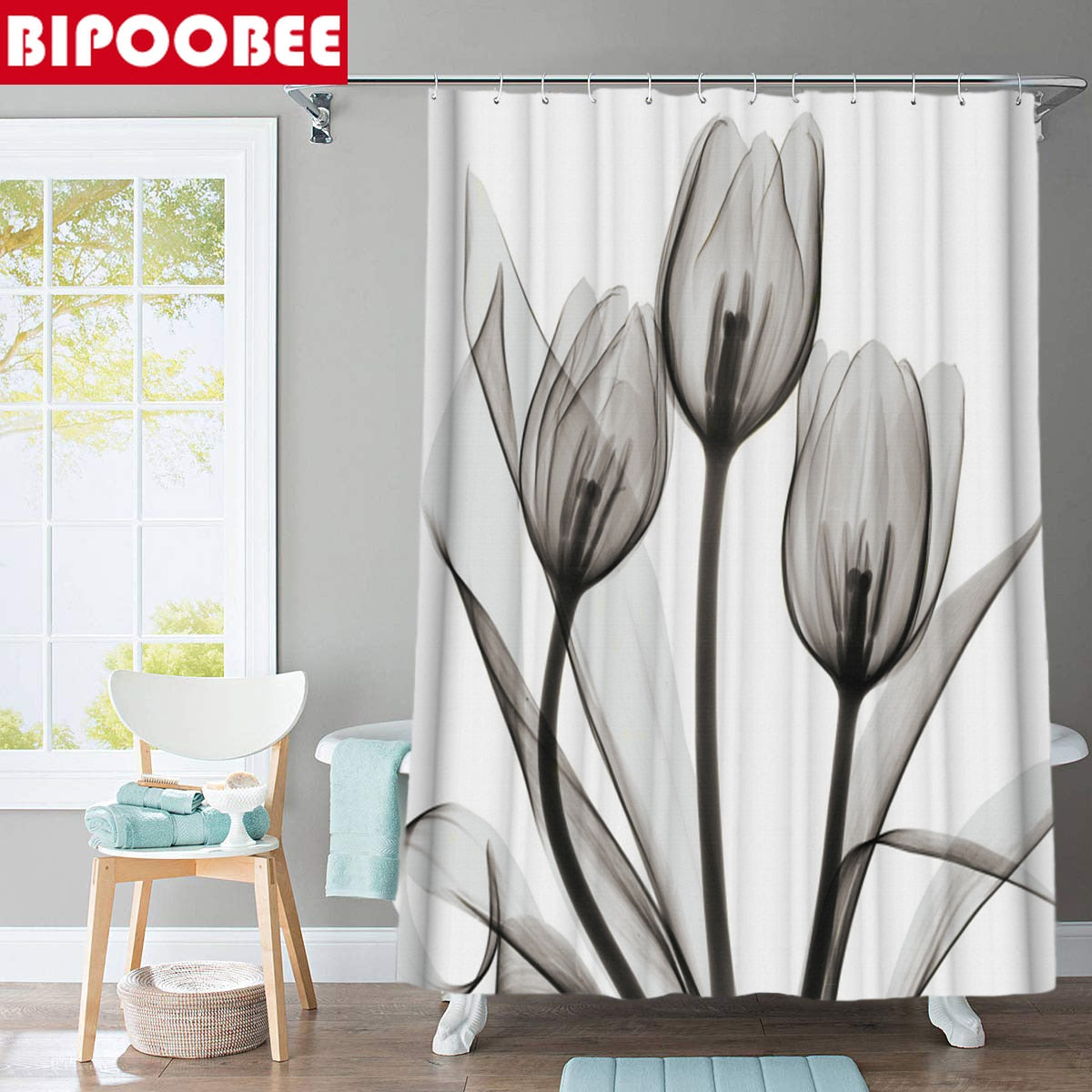 Tulip Lotus Flowers Trees Shower Curtain Sets Non-Slip Rugs Toilet Lid Cover and Bath Mat Waterproof Shower Curtain