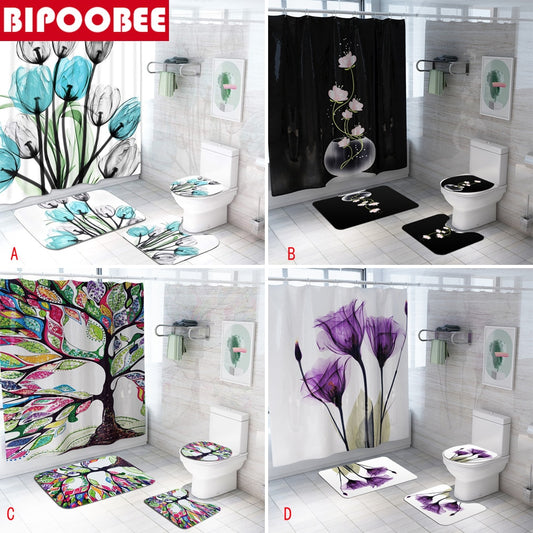 Tulip Lotus Flowers Trees Shower Curtain Sets Non-Slip Rugs Toilet Lid Cover and Bath Mat Waterproof Shower Curtain