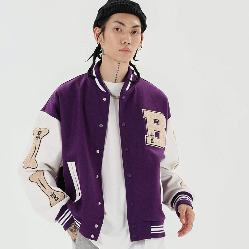 Men's Bone Colorblock Patchwork Baseball Bomber Letterman's Jacket