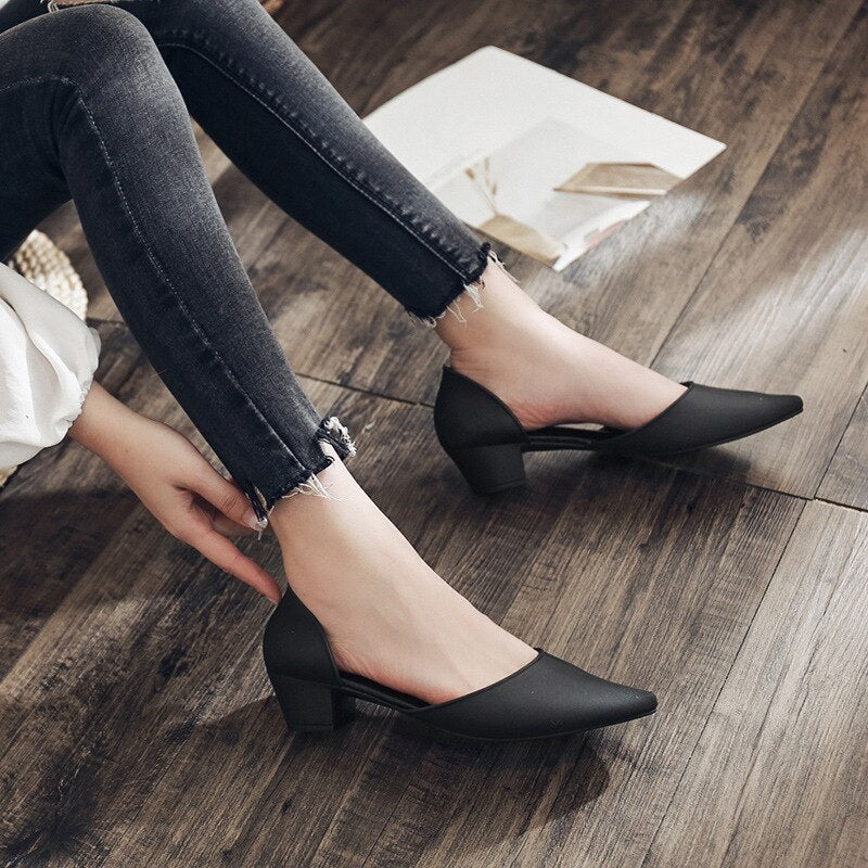 Ladies Pointed Toe Basic Solid Low Thick Heels Flats