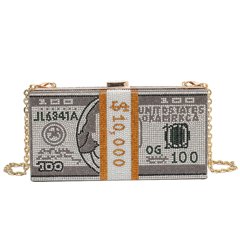 Glitter Bling Money Dollar Bill Crystal Chain Ladies Diamond Clutch Purse