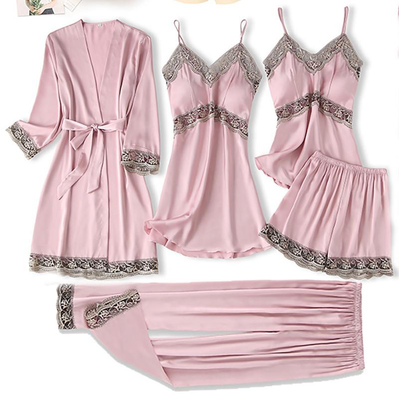 Satin Women's Sleepwear Set/Pajamas: Kimono Gown, Lace Intimate Lingerie Hollow Out Camisole, and Matching Lingerie Top w/ Shorts & Silky Pajama Pants