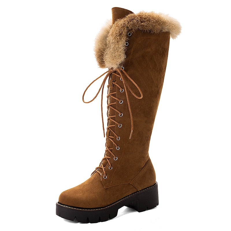 Lace-up Fur Knee High Suede Snowboots