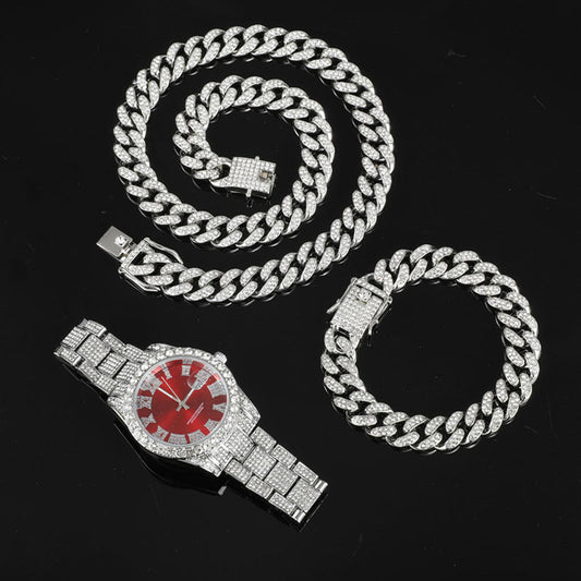 3-Piece Hip Hop/Rock Jewelry Sets: Bling Crystal AAA+ Rhinestone Iced Out Cuban Chain, Colored Watch + Bracelet