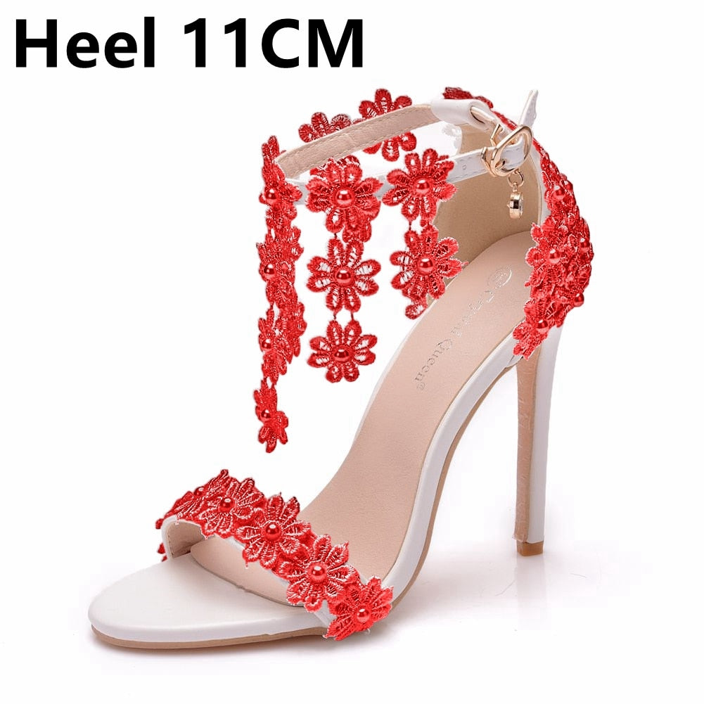 Lace Flower Pearl Tassel Stiletto Heel Bridal Sandal Pumps