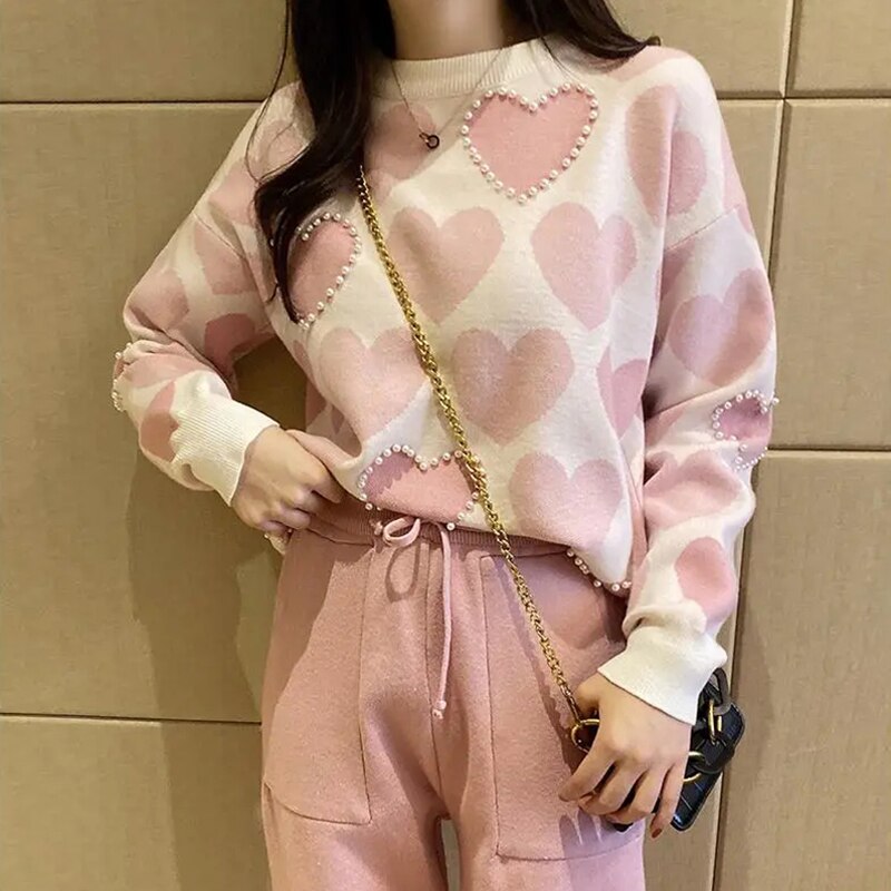 Heart Print Ladies O-Neck Sweater & Harem Pants 2-Piece Set