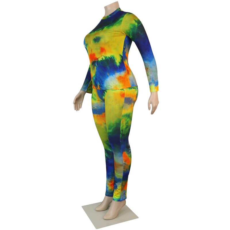 Plus Size Tie-Dye Long Sleeve Top and Legging Pants Set