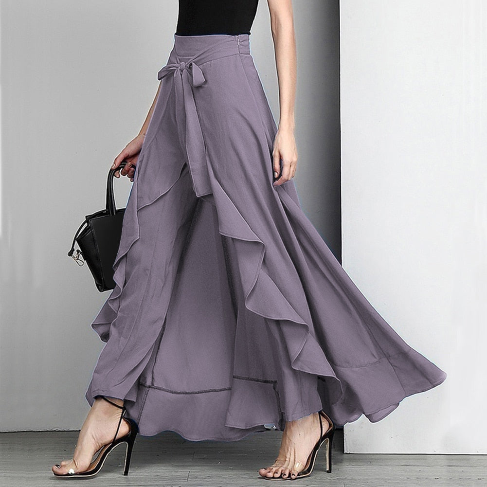 Palazzo Ruffle Drawstring High Waist Irregular Loose Pants w/ Attached Maxi Wrap Skirt to 3X