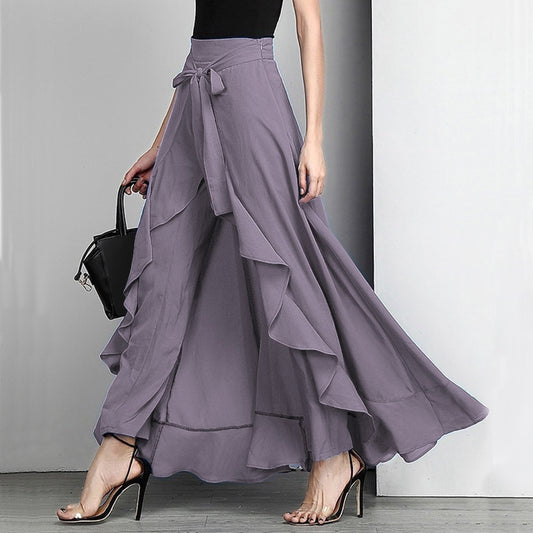 Palazzo Ruffle Drawstring High Waist Irregular Loose Pants w/ Attached Maxi Wrap Skirt to 3X