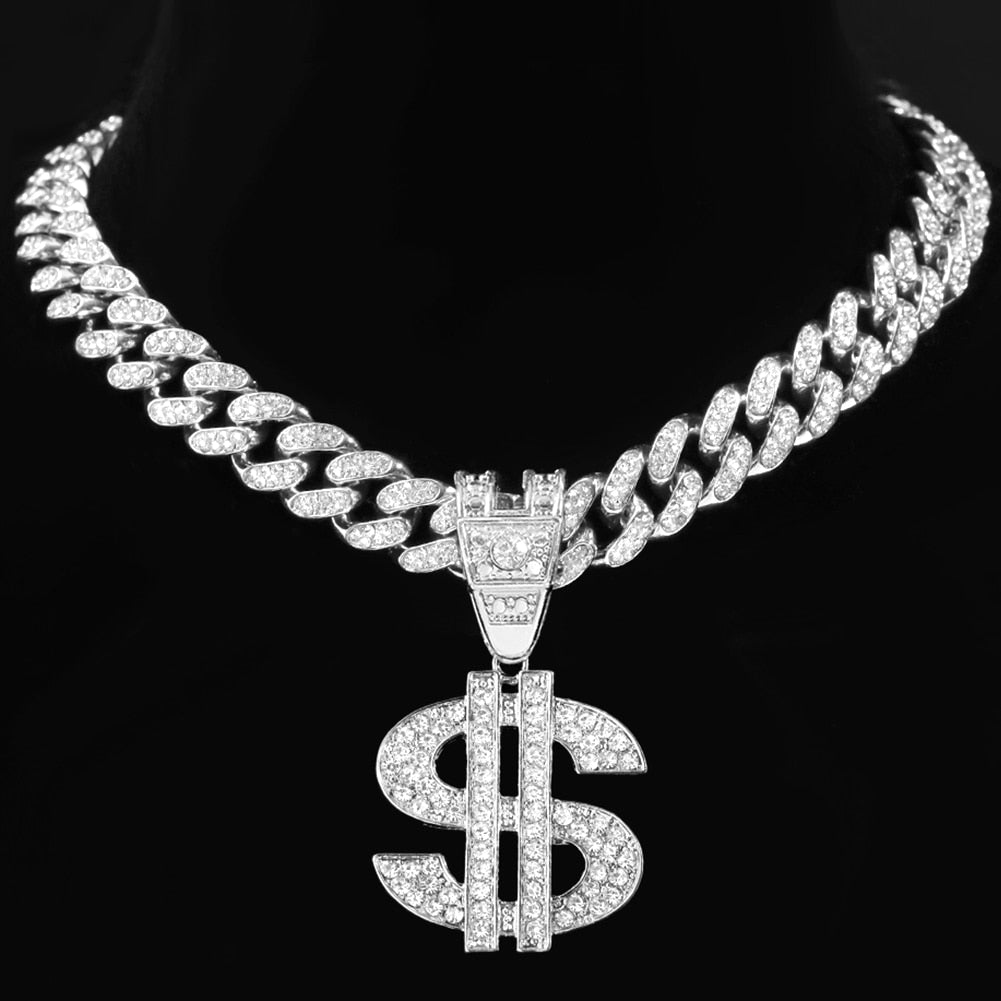 Dollar Sign Pendant Necklace 13mm Cuban Link Chain Necklace