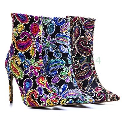 Paisley Crystal Studded Flower Stiletetto Heel Side Zipper Ankle Boots