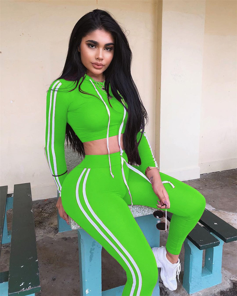 Solid Drawstring Ladies Side Striped Long Sleeve Crop Top & Pant 2-Piece Tracksuit