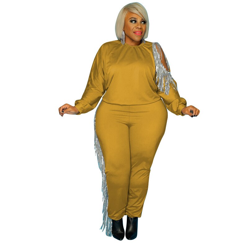 Silver/Gold Tassel Plus Size Long Sleeve Cut-Out Bodycon Shirt + Pants 2-Piece Set to 5X