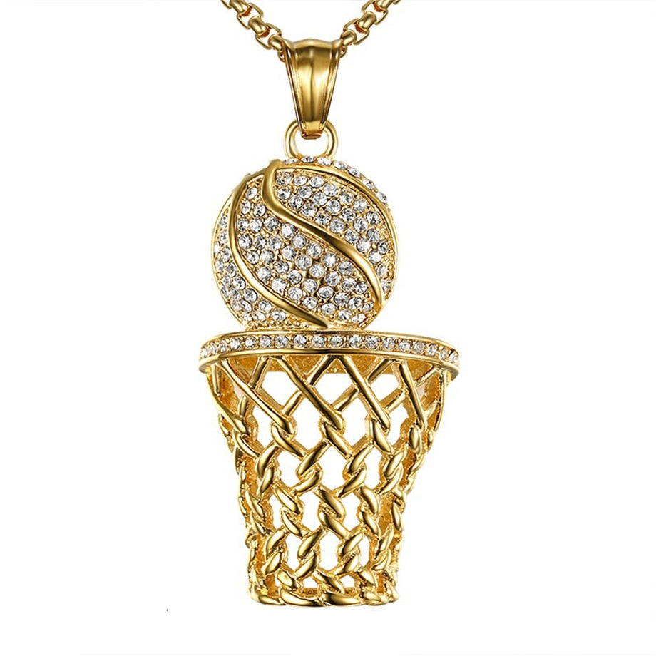 Iced Out Basketball w/Hoop/Net Pendant Necklace Chain