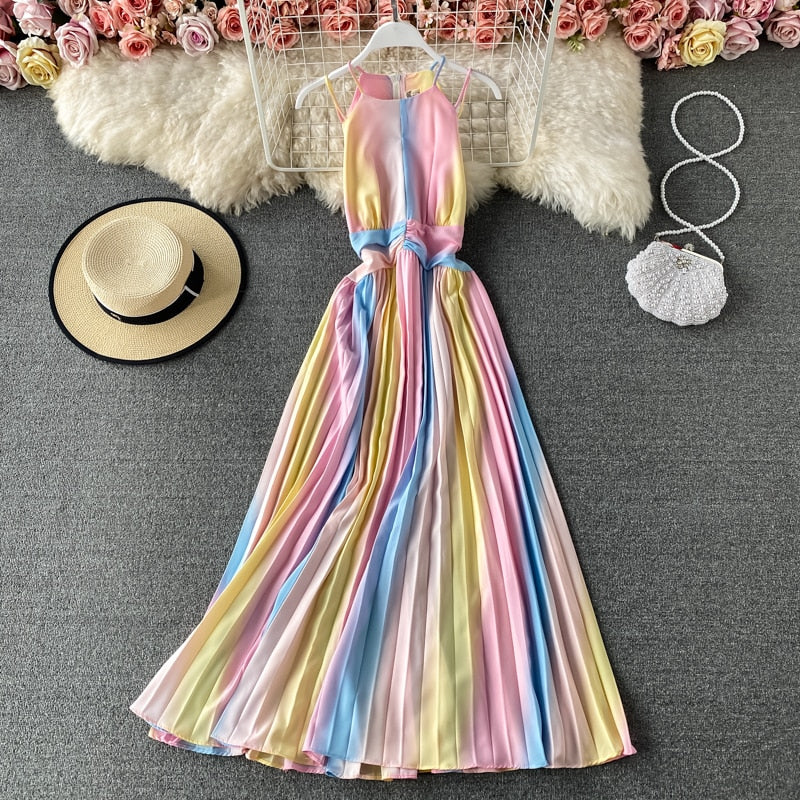 Rainbow Gradient Print Pleated Spaghetti Strap Maxi Dress