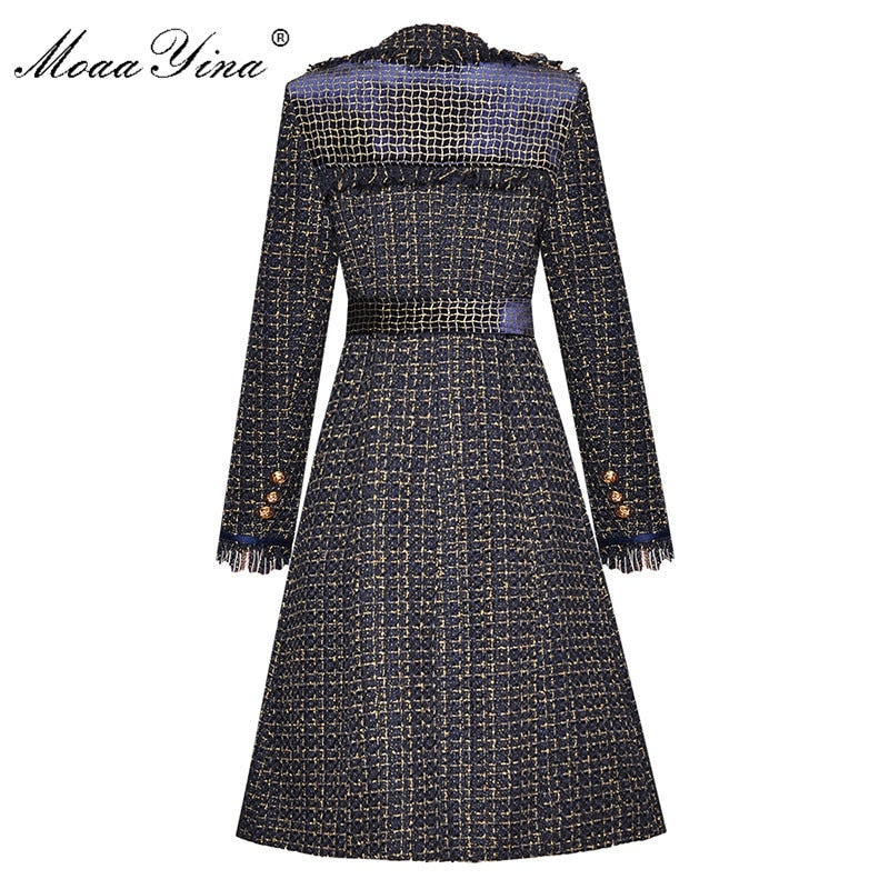 Plaid Wool Ladies Single-Breasted Tassel Long Sleeve Trench Coat w/ Belt