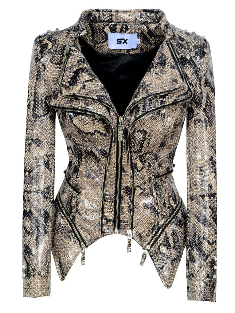 Snake Print Motorcycle Faux PU Leather Ladies Jacket