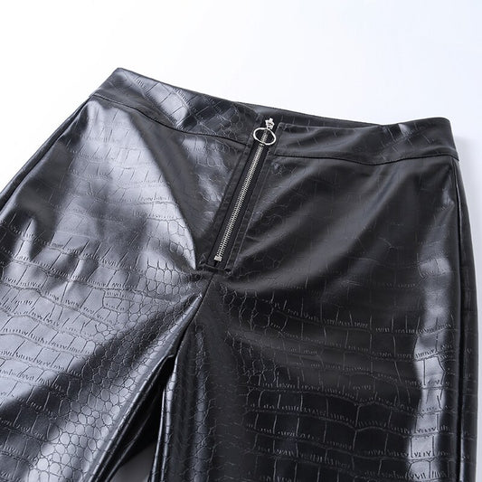 Black Croc Pattern Zipper Fly Faux Leather Straight Leg Ladies Pencil Pants