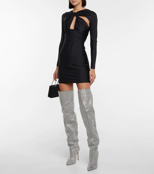 Crystal Rhinestone Silver Metallic Embellished Women's Over-the-Knee Thin Heel Boots