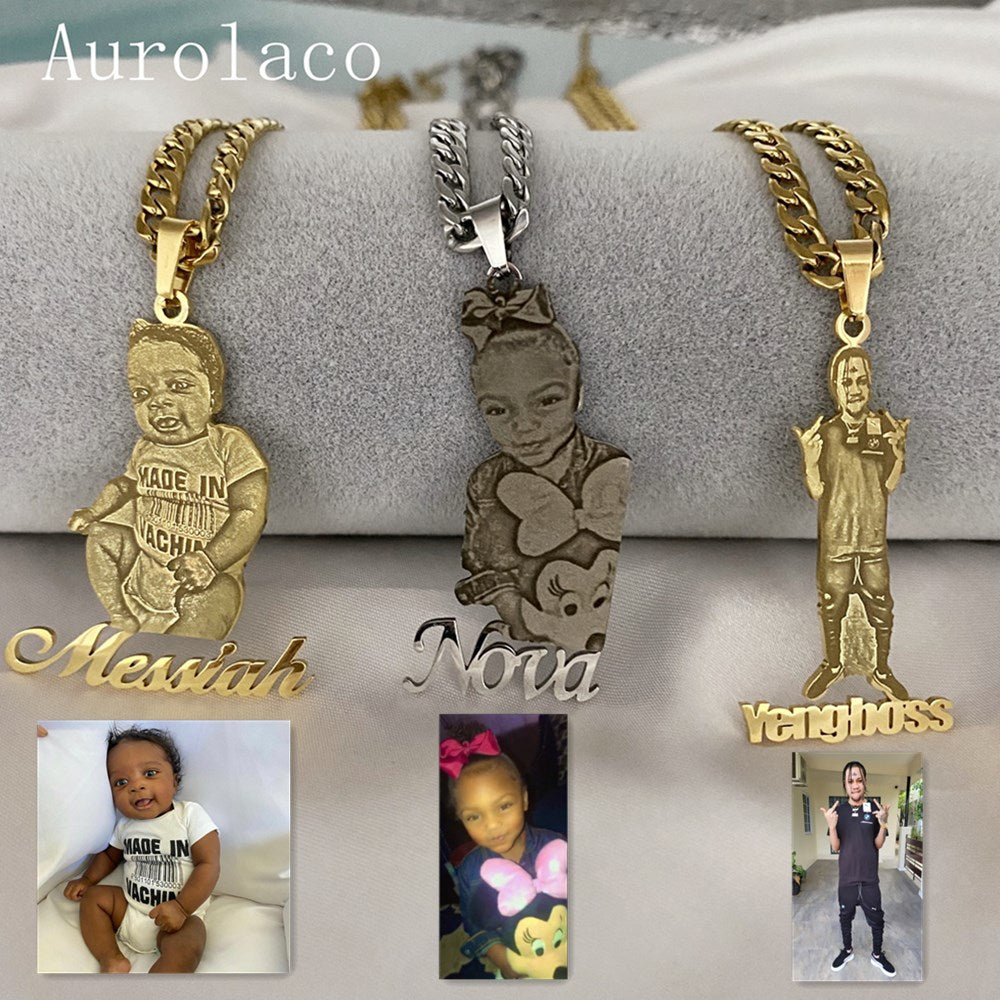 Customized Photo & Cursive Name Pendant Personalized Picture Portrait Nameplate Necklace Chain