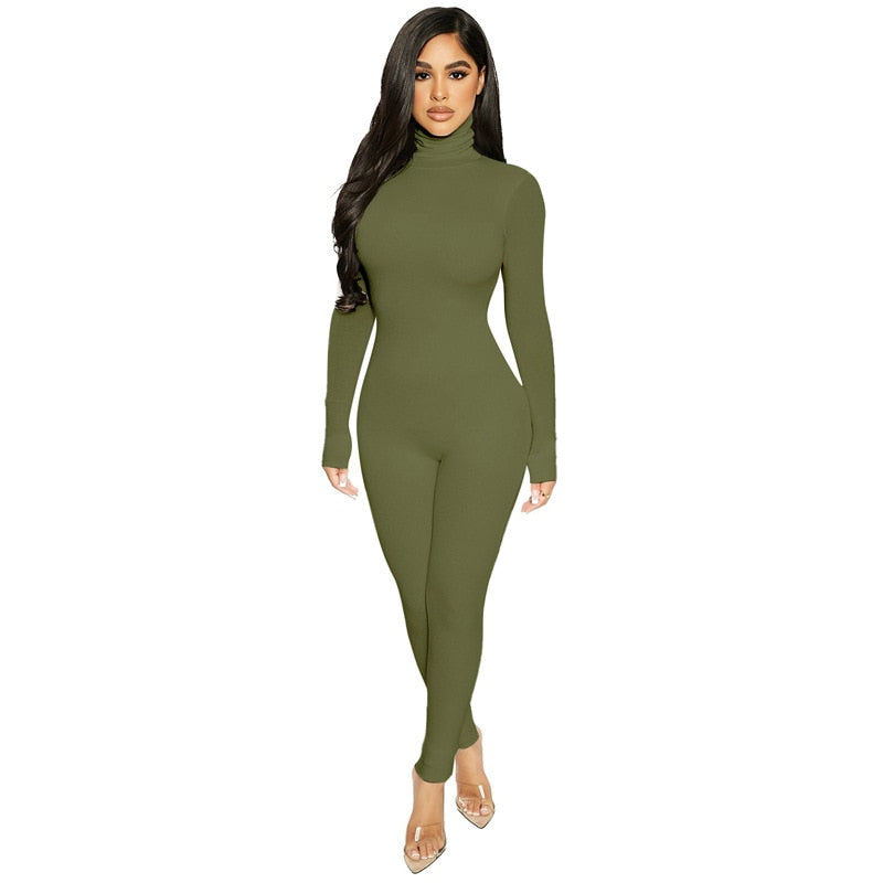 Fitness Ladies Solid Turtleneck Skinny Bodycon Jumpsuit