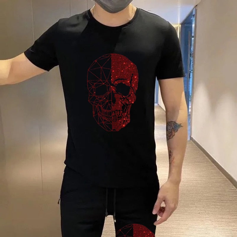 Men's Rhinestone Skull Head Short Sleeve T-Shirt Pure Cotton O-Neck Top & Sweatpants 2-Piece  Set