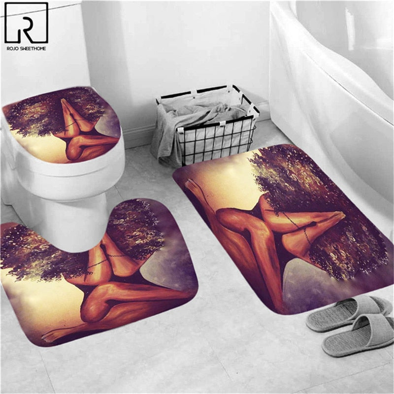 Black Woman Printed Shower Curtain w/ 12 Hooks Bathroom Bath Mat Set Toilet Cover 1/3/4 PCS