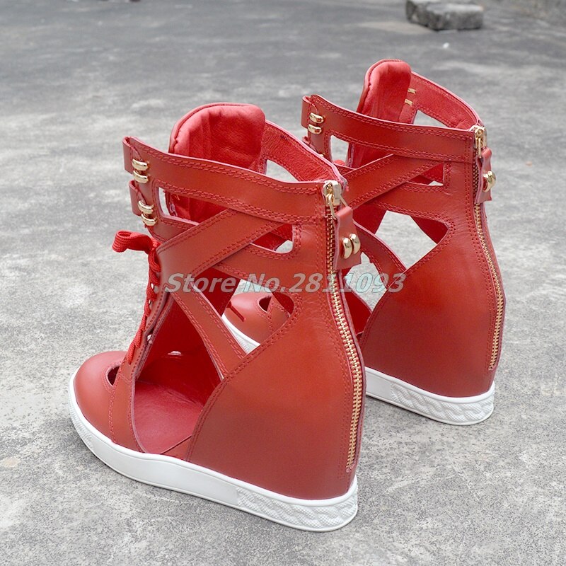 Cut-Out Lace Up Round Toe Solid Red Real Leather Back Zipper Ankle Boots