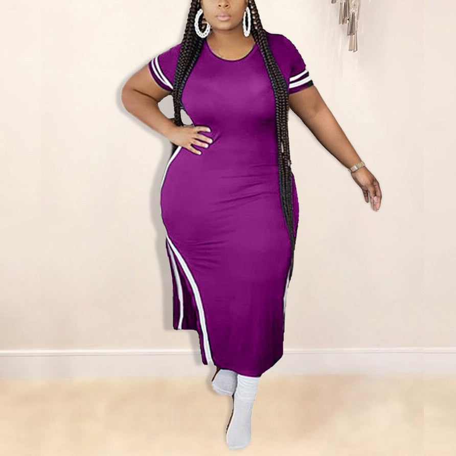 Short Sleeve Solid Side Striped Plus Size High Slit T-Shirt Dress to 5X