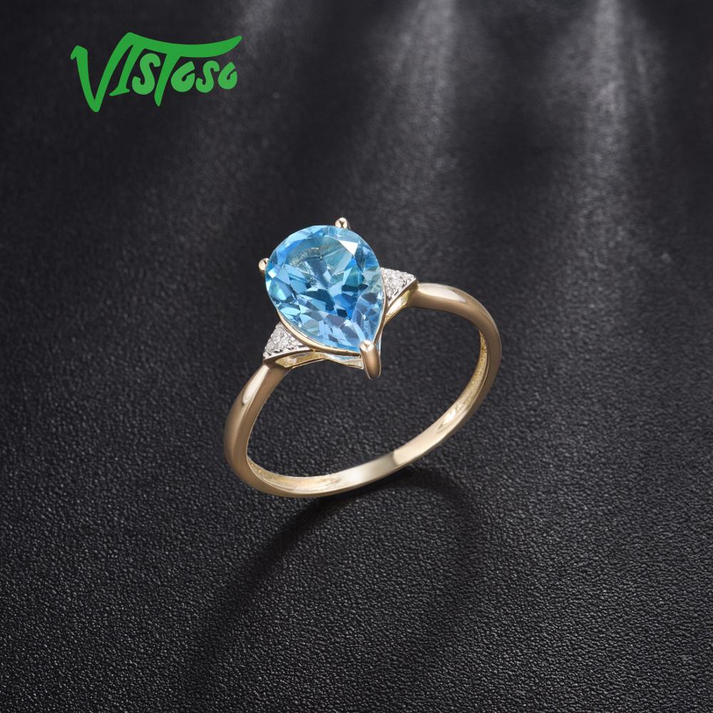 Water Drop Style Swiss Blue Topaz & Diamond Pure 14K Yellow Gold Ring