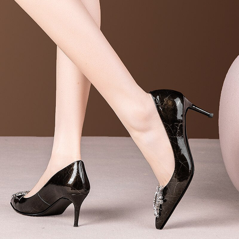 Marbling Genuine Leather Med Thin Heel Pumps