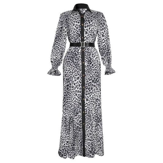 African Leopard Button Front Turn-Down Collar Long Sleeve Maxi Dress