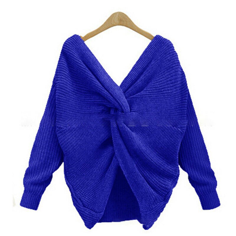 Twist Wrap Back Cross Knot Long Sleeve V-Neck Knitted Sweater