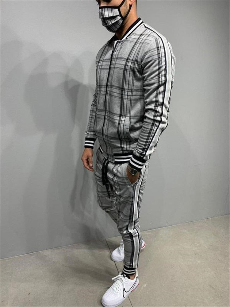 Men's Plaid Printed Faded O-Neck Zipper Jacket +Matching Sweatpants Tracksuit