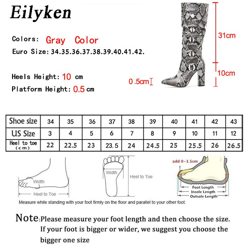 Pleated Colorful Snake Grain Knee High Pointed Toe Zipper Boots