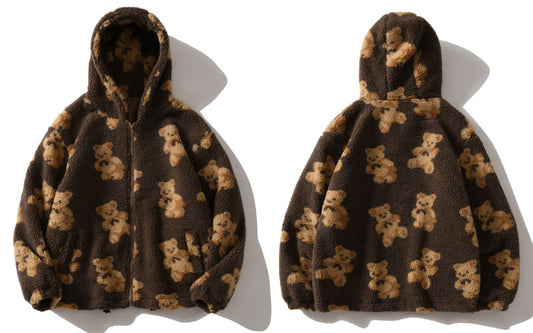 Fleece Men's Teddy Bear Print Fleece Zipper Hoodie Jacket