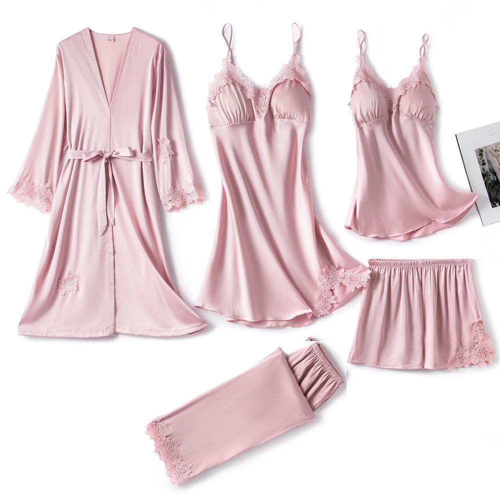 Satin 5-Piece Matching Women's Pajama Set: Robe, V-Neck Camisole, Pants Pants, Teddy Lingerie Top & Shorts