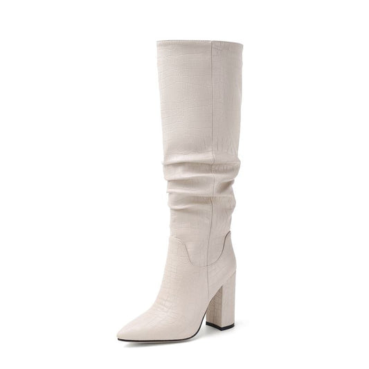 Ruched Pleated Solid Thick High Heel Knee High Ladies Boots